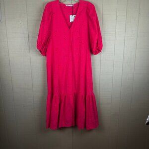 NWT Zara Marta Midi Dress Broderie Eyelet Bright Pink